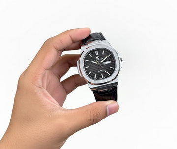 CASIRUI Analog Time Format Stainless Steel Case Leather Strap Watch with Date Display Master Lock Water Resistant Fashion Wristwatch for Men & Boys